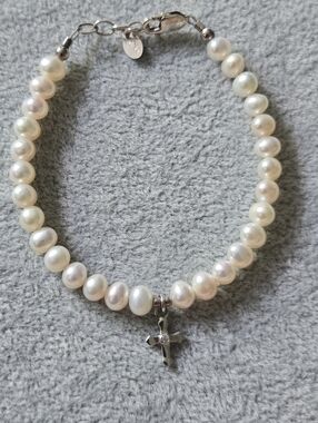 Baptism Bracelet White Freshwater Pearl and Cross Sterling Silver Clasp